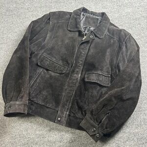 Suede Jacket Mens Large Brown Bomber Elastic Waist Zip Pockets Lined Casual